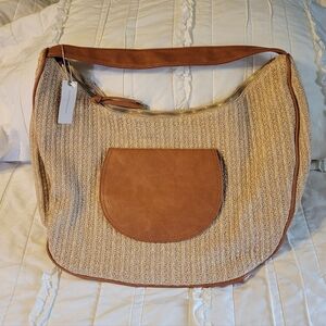 Anthropologie Urban Originals Tan and Brown Large Raffia Shoulder Tote Bag NWT